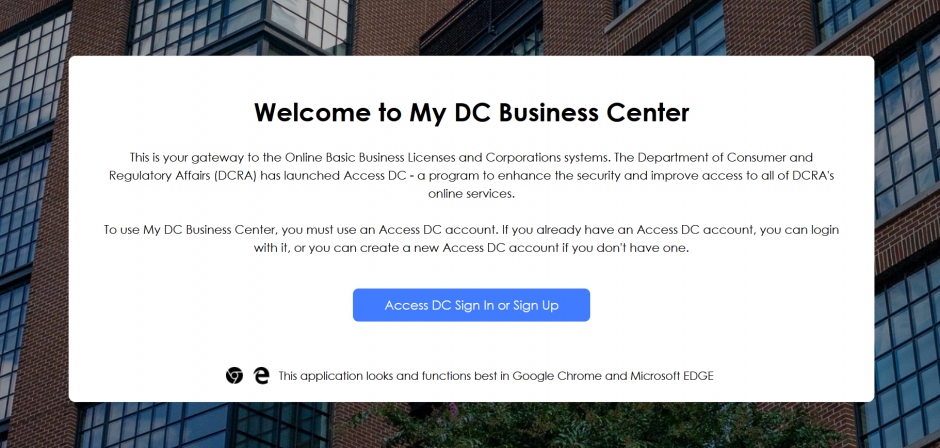 Access DC Welcome page